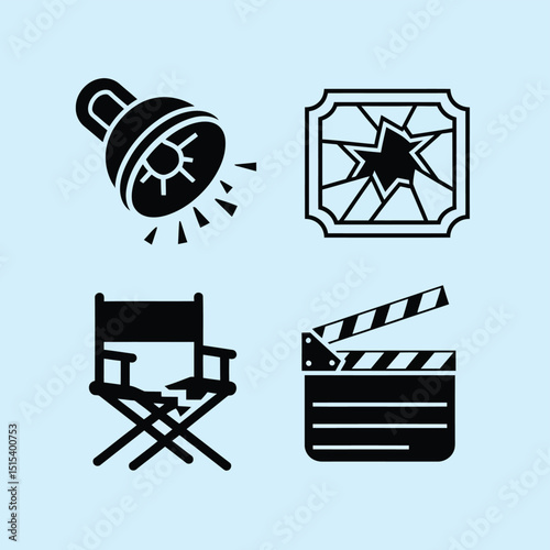 vector icons for cinema, Director's Chair , theatrical roles, video tape, cinema shattered spotlight, Theater Ticket
