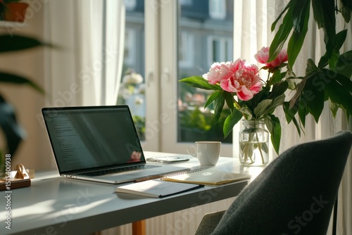 Workspace With Laptop, Coffee, Flowers, and Sunlight in a Cozy Home Environment