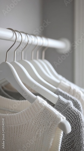 Five Cozy Sweaters Hanging on White Hangers in a Minimalistic Indoor Space
