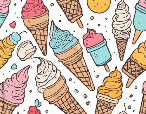 set of doodle with different ice cream types: ice cream waffle cone, cup ice cream