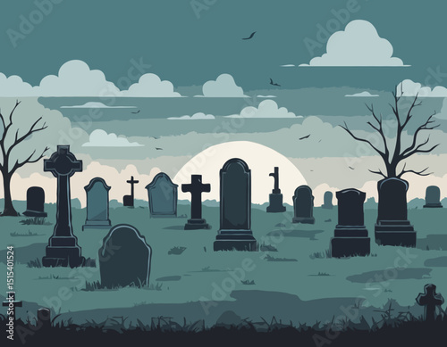 Old Cemetery with Weathered Tombstones Under Cloudy Sky