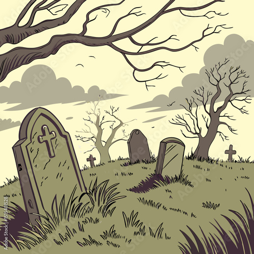 Old Cemetery with Weathered Tombstones Under Cloudy Sky