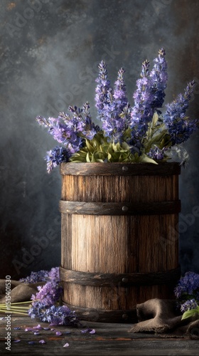 Rustic Wooden Barrel Filled With Lavender Bouquet in Soft Light Setting