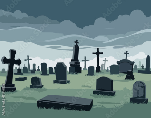 Old Cemetery with Weathered Tombstones Under Cloudy Sky