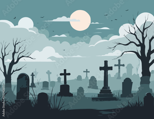 Old Cemetery with Weathered Tombstones Under Cloudy Sky