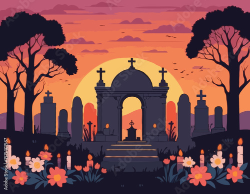 Graveyard at Sunset with Candles and Flowers on the Tombs