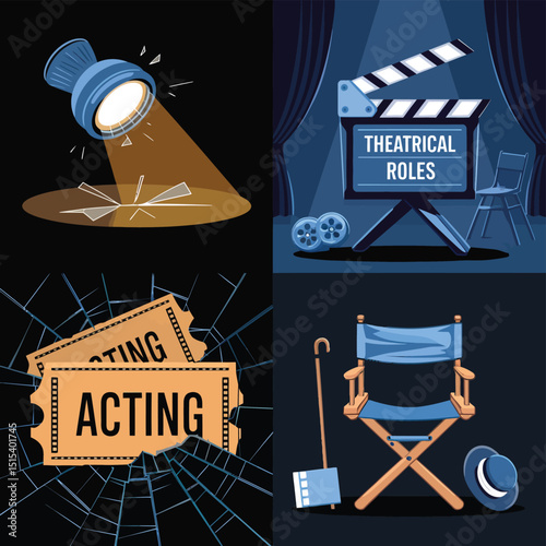 vector icons for cinema, Director's Chair , theatrical roles, video tape, cinema shattered spotlight, Theater Ticket

