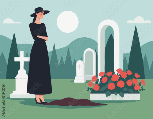 Mourning Woman Standing Near a Fresh Grave with Roses