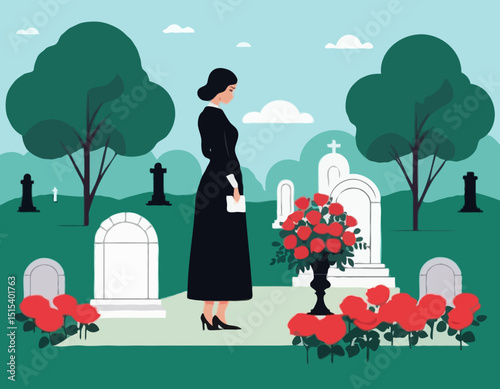 Mourning Woman Standing Near a Fresh Grave with Roses