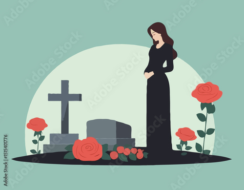 Mourning Woman Standing Near a Fresh Grave with Roses