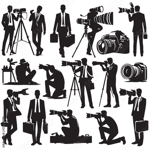 Black Color Photography Silhouette Vector Illustration, Solid White Background