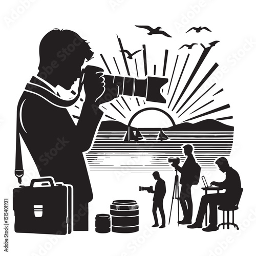 Black Color Photography Silhouette Vector Illustration, Solid White Background