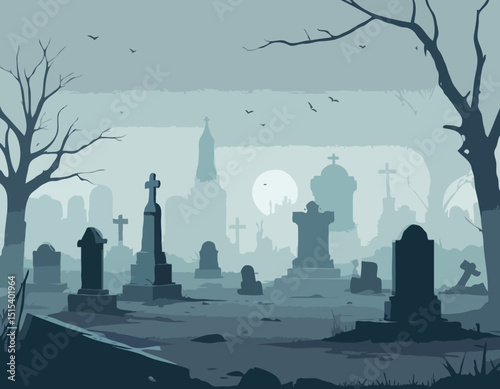 Foggy Morning in Abandoned Graveyard with Broken Monuments