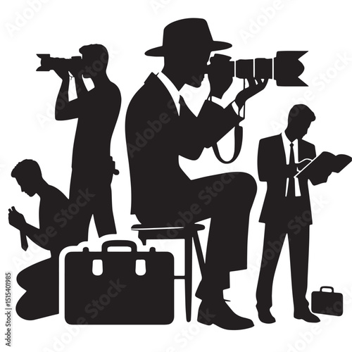 Black Color Photography Silhouette Vector Illustration, Solid White Background
