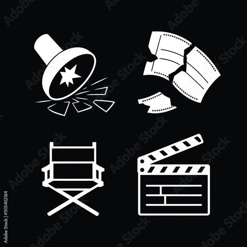 vector icons for cinema, Director's Chair , theatrical roles, video tape, cinema shattered spotlight, Theater Ticket
