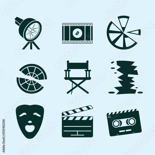 vector icons for cinema, Director's Chair , theatrical roles, video tape, cinema shattered spotlight, Theater Ticket
