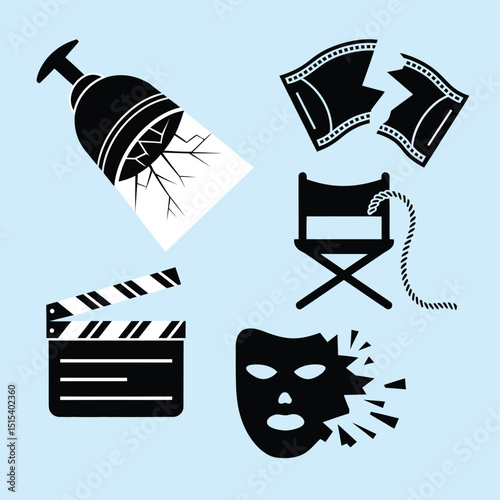 vector icons for cinema, Director's Chair , theatrical roles, video tape, cinema shattered spotlight, Theater Ticket
