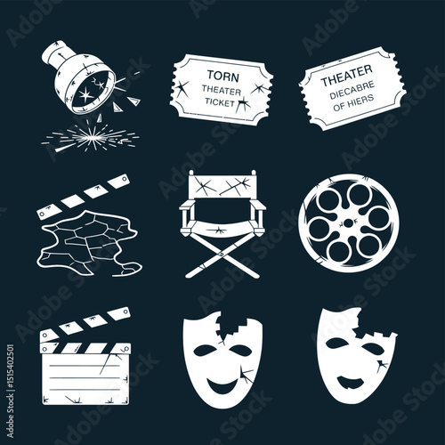 vector icons for cinema, Director's Chair , theatrical roles, video tape, cinema shattered spotlight, Theater Ticket
