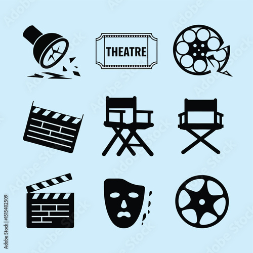 vector icons for cinema, Director's Chair , theatrical roles, video tape, cinema shattered spotlight, Theater Ticket
