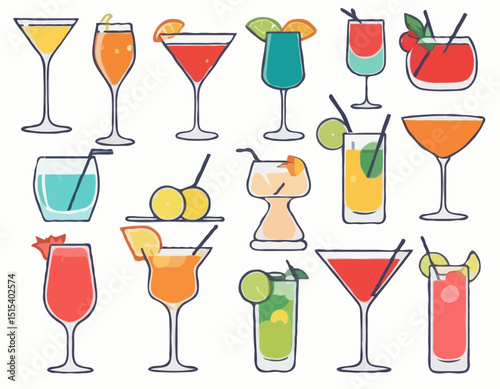 cocktails and drinks in various glass styles