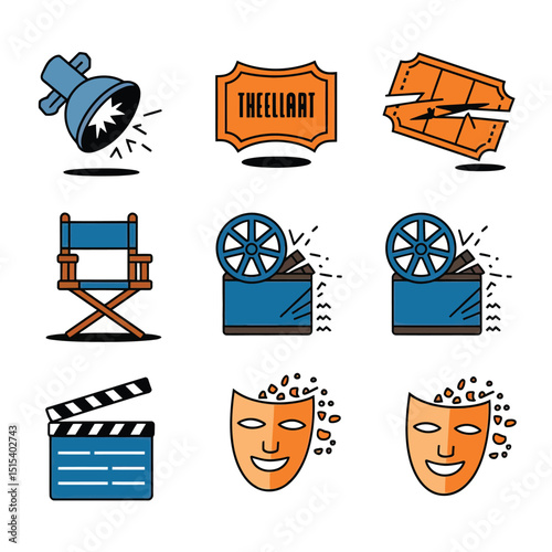 vector icons for cinema, Director's Chair , theatrical roles, video tape, cinema shattered spotlight, Theater Ticket

