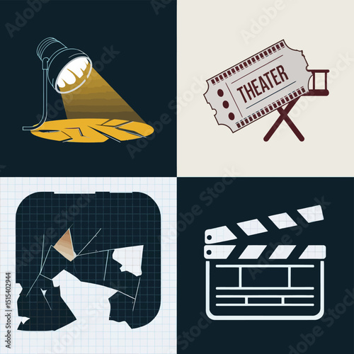 vector icons for cinema, Director's Chair , theatrical roles, video tape, cinema shattered spotlight, Theater Ticket
