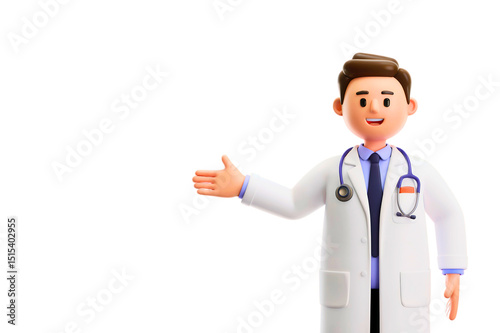 Cartoon doctor character illustration in white coat presenting healthcare medical advice against white background. Copy space
