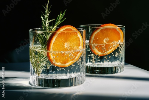 Refreshing Citrus Drinks With Orange Slices and Rosemary on Clean Surface