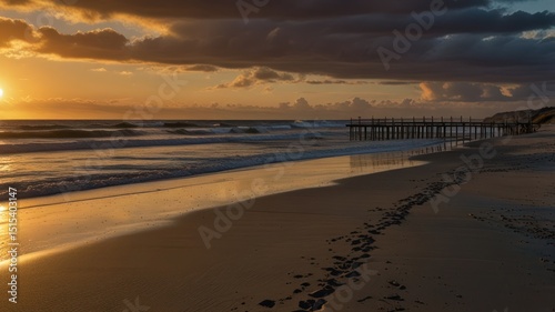 Golden sunset over a beach with footprints