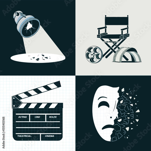 vector icons for cinema, Director's Chair , theatrical roles, video tape, cinema shattered spotlight, Theater Ticket

