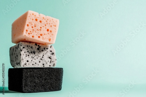 Colorful Sponges Stacked on Wet Surface Against a Light Blue Background