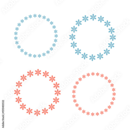 Flower frame. Set of round frames with blue and pink flowers. Floral circle with place for text or photo in the middle. Decorative element for fabric, wrapping paper.