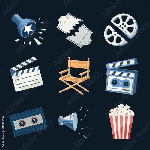 vector icons for cinema, Director's Chair , theatrical roles, video tape, cinema shattered spotlight, Theater Ticket

