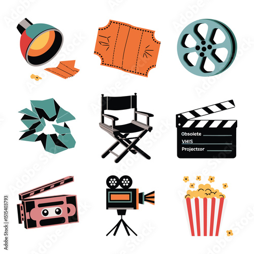 vector icons for cinema, Director's Chair , theatrical roles, video tape, cinema shattered spotlight, Theater Ticket

