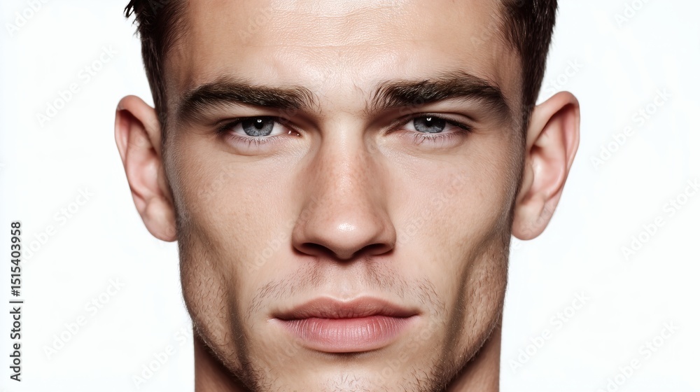 Fototapeta premium Close-up portrait of young man with clear skin, Intense male facial expression on white background, Beauty and skincare concept for advertising and health content
