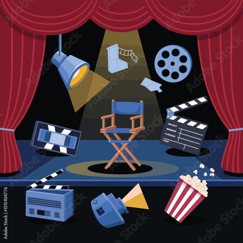 vector icons for cinema, Director's Chair , theatrical roles, video tape, cinema shattered spotlight, Theater Ticket

