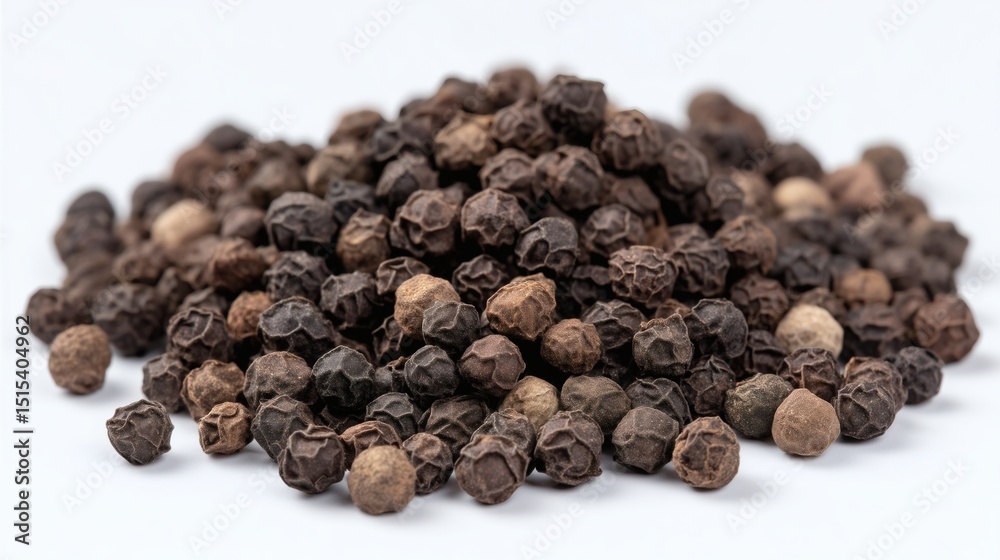 Pile of whole black peppercorns on white background, Cooking ingredient used in spice blends and flavoring, Culinary concept for food and recipe content Pile of whole black peppercorns on white background, Cooking ingredient used in spice blends and flavoring, Culinary concept for food and recipe content