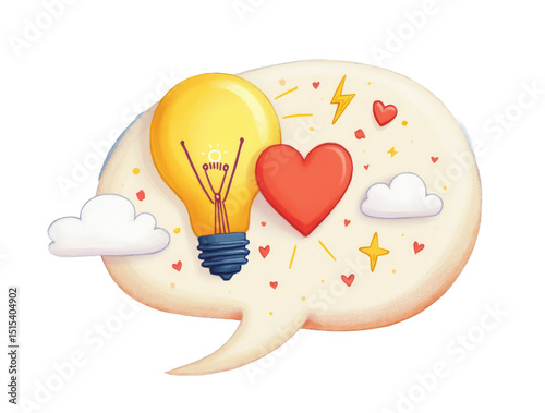 Illustration of a Lightbulb and a Heart Inside a Speech Bubble with Additional Playful Elements