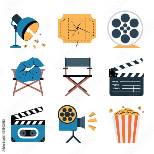 vector icons for cinema, Director's Chair , theatrical roles, video tape, cinema shattered spotlight, Theater Ticket
