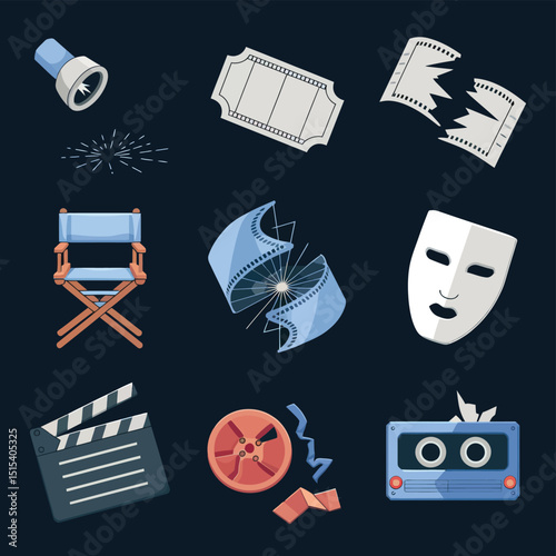 vector icons for cinema, Director's Chair , theatrical roles, video tape, cinema shattered spotlight, Theater Ticket
