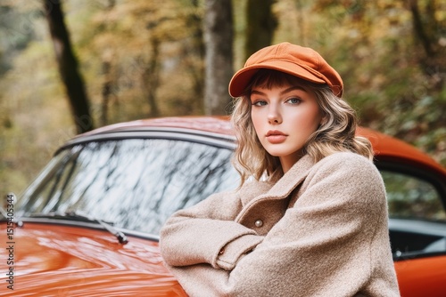 Stylish Woman in Cozy Outfit Poses by Vintage Car in Autumn Forest Setting
