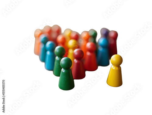 Multicolored Wooden Figurines Arranged in the Shape of a Heart – Multicolored wooden figurines arranged in the shape of a heart on a textured wooden surface.