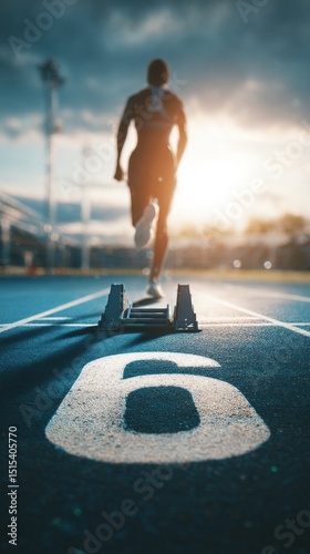 Runner Sprints From Starting Block on Track at Sunset During Competitive Even...