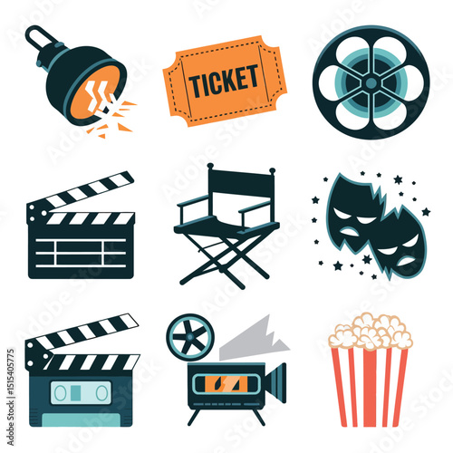vector icons for cinema, Director's Chair , theatrical roles, video tape, cinema shattered spotlight, Theater Ticket
