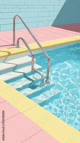 Bright Poolside Scene With Steps and Clear Blue Water on a Sunny Day in a Pas...