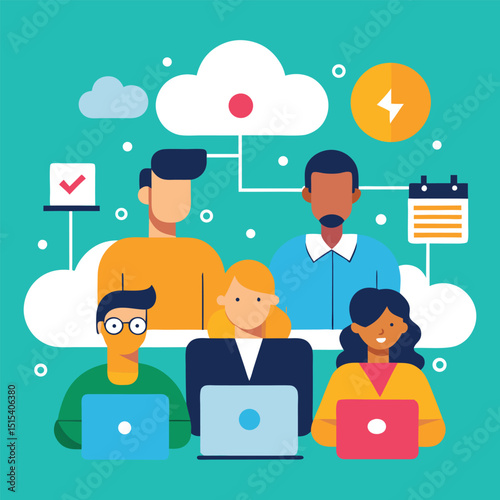 Diverse Business Team Collaborating in Modern Office with AI and Cloud Technology – Flat Vector Illustration