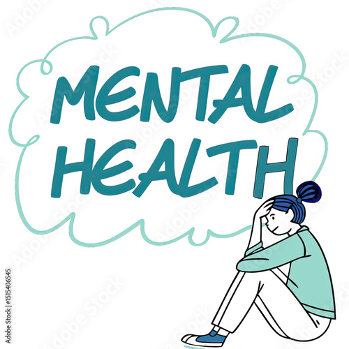 An illustration of mental health awareness features a thoughtful person surrounded by colorful text highlights on a blank background