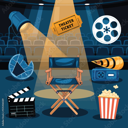 vector icons for cinema, Director's Chair , theatrical roles, video tape, cinema shattered spotlight, Theater Ticket
