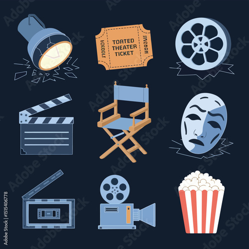 vector icons for cinema, Director's Chair , theatrical roles, video tape, cinema shattered spotlight, Theater Ticket
