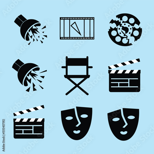 vector icons for cinema, Director's Chair , theatrical roles, video tape, cinema shattered spotlight, Theater Ticket

